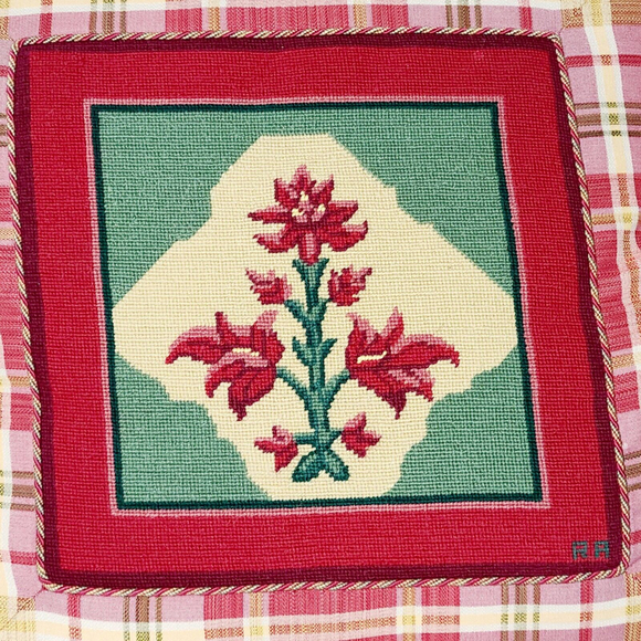 VINTAGE Needlepoint Pillow Floral Looped Fringe Trim Square Plaid Handmade - Picture 2 of 4